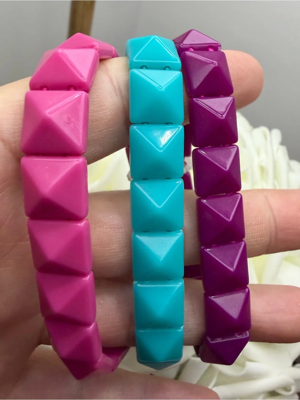 Tri-Color Pyramid Stretch Bracelets - Pink, Turquoise, Purple